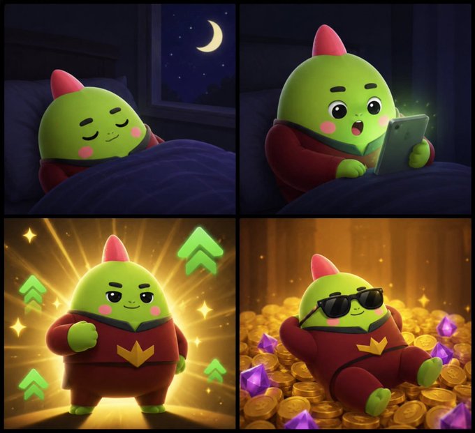 The image features a cartoon green character with a red hat, who appears to be a green alien or dinosaur. The character is shown in various positions throughout four different frames, including sitting up, lying down, holding a tablet, and laying on a bed. In each frame, there are coins scattered around the character's feet, suggesting that they have been collecting them while using their tablet. The post also mentions an app called "Been spending some time with @sleepagotchi lately and I have to say, it’s one of the more interesting apps I’ve used in Web3".