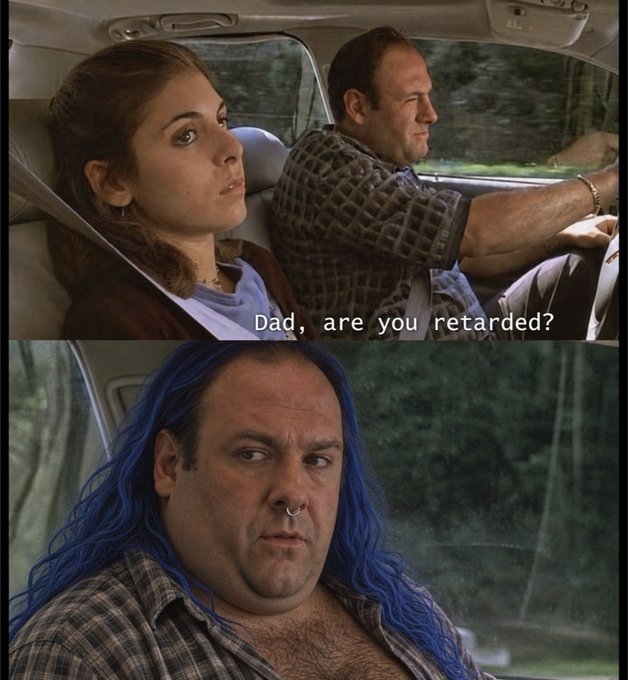 A still from the film *Tammy* (2014) showing Deb (Allison Janney) in a passenger seat with her daughter Ani (Katy Mixon) driving, captioned "Dad, are you retarded?"