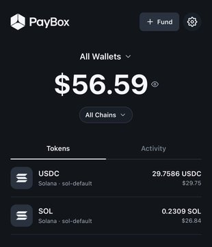 A PayBox mobile app screen displays a wallet balance of $56.59 across all chains, showing holdings of 29.7586 USDC ($29.75) and 0.2309 SOL ($26.84).