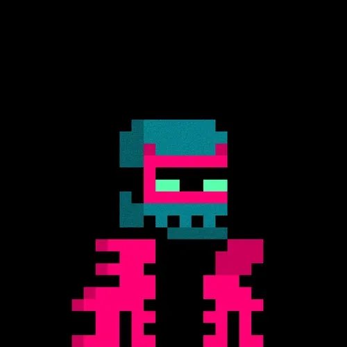 Pixel art illustration of a red skeletal figure with green eyes and a helmet set against a black background.