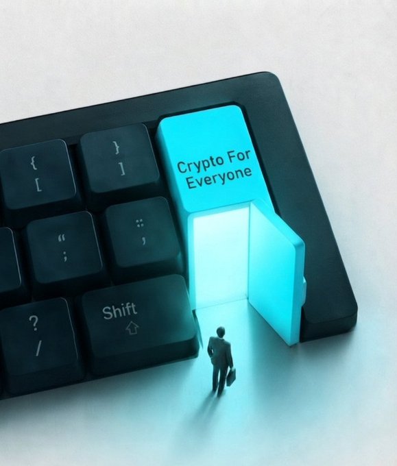 A miniature businessman stands before a giant illuminated keyboard key reading "Crypto For Everyone," symbolizing an open gateway into the digital finance world — visually reinforcing the post's message that Web3 opportunities are always available, made simple and accessible through Bitget Wallet.