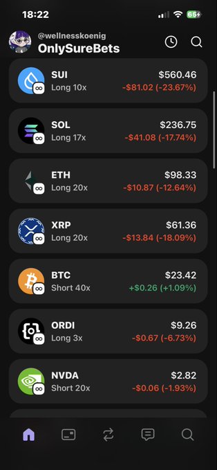 The image displays a black cell phone screen with multiple cryptocurrency price lists open side by side, including Bitcoin, ETH, Sol, and XRP among others. The text in the photo reads "Ok hab Marge 50€ Sol 25€ eth 375€ sui" which is likely a description of the cryptocurrency prices for that particular day.