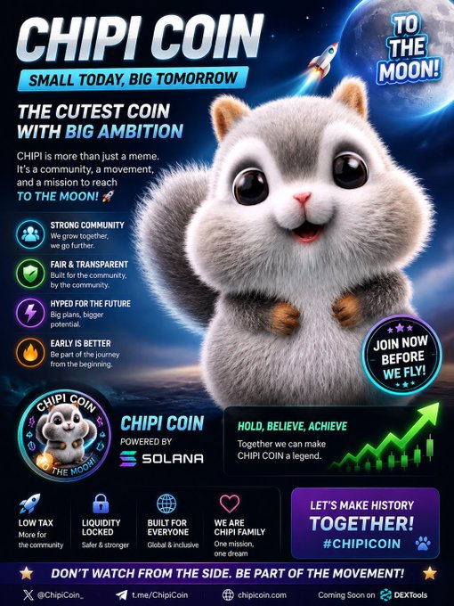 A promotional poster for 'CHIPI COIN' meme cryptocurrency featuring a cute animated hamster/chipmunk character, with text 'SMALL TODAY, BIG TOMORROW' and 'TO THE MOON!', powered by Solana.