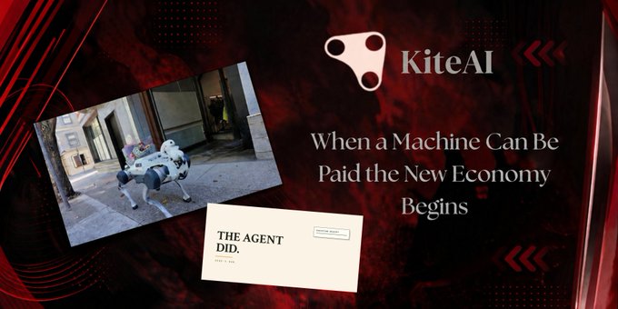 A promotional graphic for 'KiteAI' features the text 'When a Machine Can Be Paid the New Economy Begins' alongside an image of a person in a robot suit.