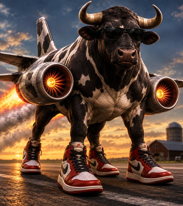 A surreal digital artwork shows a large black-and-white spotted bull wearing sunglasses and red, white, and black Air Jordan sneakers, equipped with jet engines on its back firing flames, standing on a runway at sunset with a farm and silo in the background.
