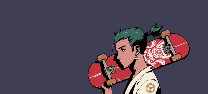 Anime-style illustration of a green-haired character in profile carrying a red skateboard with white designs on their back, set against a dark purple background