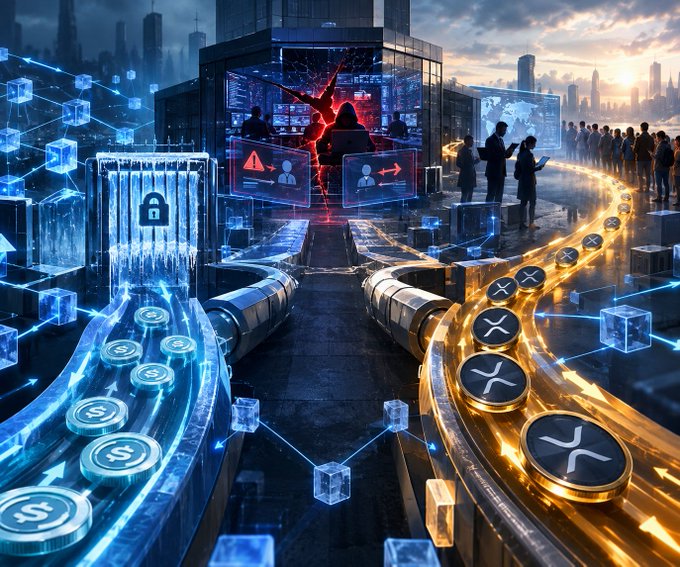 A futuristic digital illustration depicting two cryptocurrency streams—one of dollars and one of XRP tokens—flowing around a hooded hacker at a computer with digital locks and warning screens.