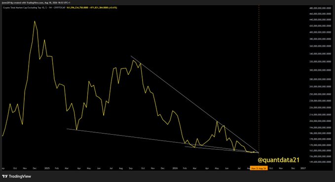 A TradingView chart displays the "Crypto Total Market Cap Excluding Top 10, $" (CRYPTOCAP:OTHERS) consolidating within a tightening descending triangle pattern from late 2024 through July 2025, with the price recently testing the lower trendline near $191 billion. The chart visually supports the post's observation that $OTHERS is approaching a critical breakout point at the apex of the symmetrical pattern.