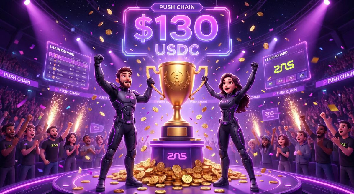 The image depicts a cartoon scene with two people celebrating by lifting up their arms high, one holding a gold trophy above them. The text at the bottom of the photo reads "That'S a wrap on @PushChain Streak Wars $130 USDC just paid out to 100 winners ... Missed it? More chains are live right now Claim here → zns.bio/quests/push #streak wars #pushchain #130usdc #zns". The post implies that there's an ongoing game in which the player(s) at the center of the image have achieved a high score, with a total value of $130 USDC or $19.50 per hour played to win this rare opportunity.