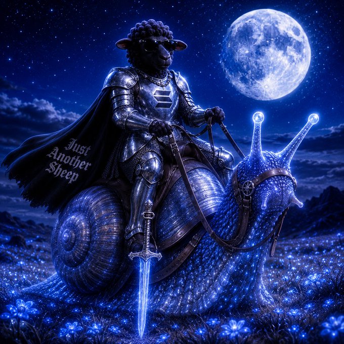 A fantasy digital artwork depicts a black sheep wearing sunglasses and silver armor riding a giant snail, holding a glowing blue sword, with a cape reading 'Just Another Sheep' under a full moon.