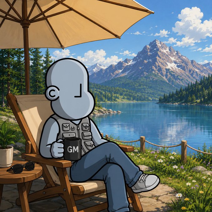 An illustrated cartoon character in a gray outfit sits under a large umbrella, holding a mug labeled 'GM' and enjoying a scenic view of a blue mountain lake and snow-capped peaks.