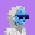 A pixel art image on a purple backdrop shows a character with light blue skin and a white hood or headdress.