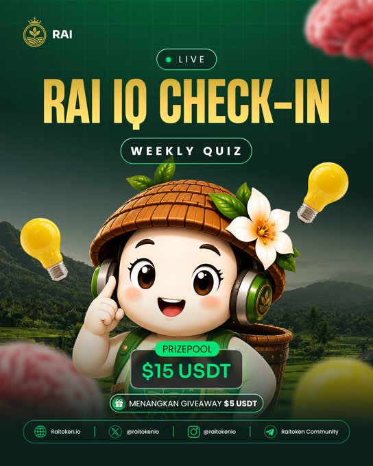 A promotional graphic for "RAI IQ CHECK-IN Weekly Quiz" featuring a cute 3D mascot wearing a straw hat and headphones surrounded by light bulbs and tropical scenery, advertising a $15 USDT weekly prize pool with a $5 USDT giveaway and links to Raotoken.io and related social/community channels on X, Instagram, and Telegram.
