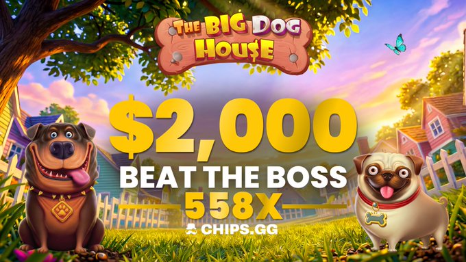 A vibrant promotional graphic for 'The Big Dog House' showing two cartoon dogs, with text advertising a '$2,000 BEAT THE BOSS' multiplier on CHIPS.GG.