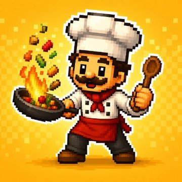 A pixel-art chef in a white hat and red apron tosses vegetables in a flaming pan while holding a wooden spoon, perfectly capturing the "Cook. Serve. Earn." gameplay of CafeTown—a cozy browser-based multiplayer cafe game.