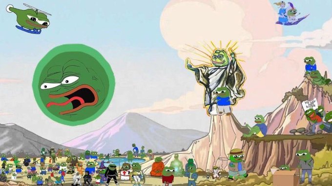 An image featuring the Pepe the Frog meme, showing a large green face on the left and a scene on the right where frog characters worship a Pepe figure styled like a religious statue on a pedestal.