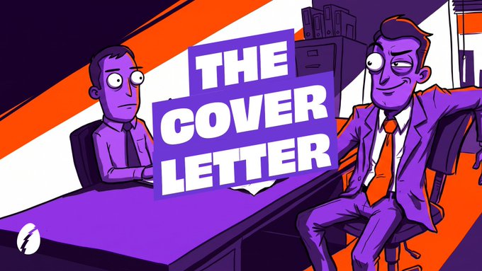 An illustration with bold purple and orange colors shows two cartoon men at a desk with large white text reading 'THE COVER LETTER' in the center.