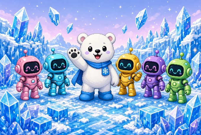 A cheerful polar bear mascot wearing a blue scarf waves alongside five colorful robots (pink, blue, yellow, purple, and green) standing in a pixelated icy landscape with floating crystals.

The image appears to be related to the @conso_xyz project mentioned in the post, visually representing the concept of unifying diverse digital identities—the friendly bear and varied robots symbolize how the platform brings together scattered activities from different "worlds" (social media, gaming, AI, on-chain) into one cohesive, portable reputation system.