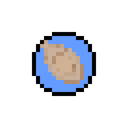A small pixel art icon depicting a round, tan object with a darker center, set against a light blue background with a black pixelated border.