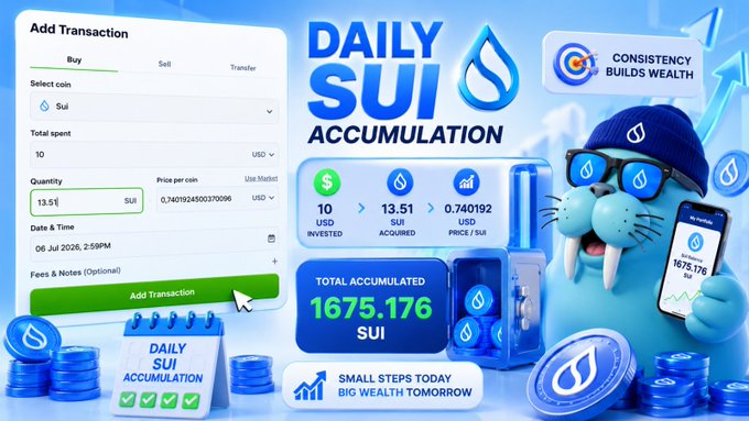 A promotional graphic showcases a "Daily SUI Accumulation" app interface, featuring an "Add Transaction" screen for buying Sui with a $10 USD investment yielding 13.51 SUI at $0.740192 per coin, alongside a cartoon walrus mascot displaying a total accumulated balance of 1675.176 SUI. The image visually reinforces the post's DAY 96 milestone by highlighting the consistency-building investment process in Web3.