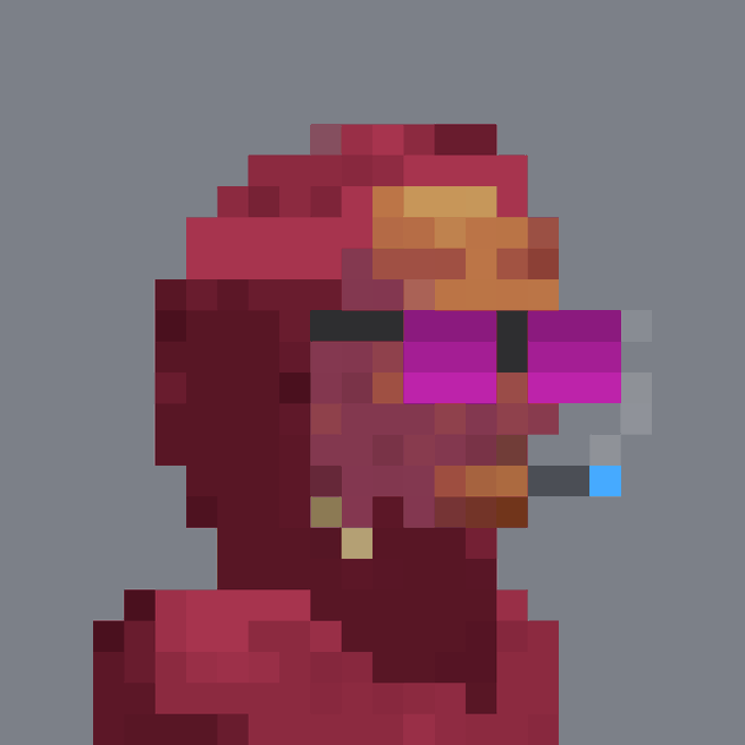 A heavily pixelated/abstract portrait made of large colored blocks in red, orange, magenta, and other colors against a light blue background.