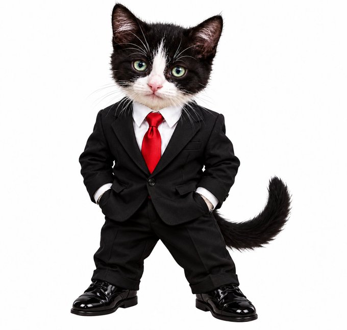Humorous edited photo of a black and white kitten dressed in a formal black business suit with a red tie and black dress shoes.