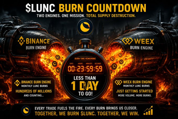 Promotional graphic titled '$LUNC BURN COUNTDOWN' featuring Binance and Weex burn engines with a central timer showing 'LESS THAN 1 DAY TO GO!' and the tagline 'TOGETHER, WE BURN $LUNC. TOGETHER, WE WIN.'