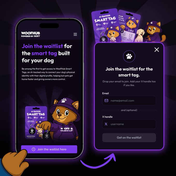 A promotional graphic for 'WOOFHUB Powered by BERT' showcasing an AI-backed smart tag for dogs, with a waitlist signup form displayed on both a phone screen and a pop-up panel.