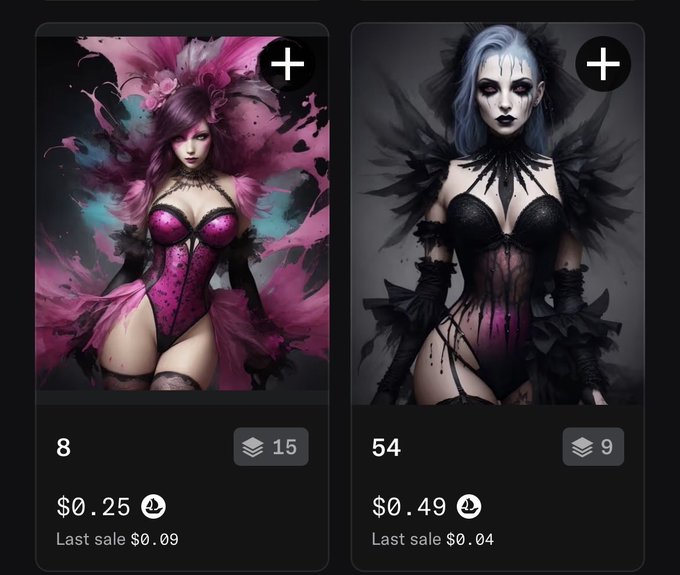 Two NFT listings displaying dark fantasy-style female character art, priced at $0.25 (8 editions, 15 owners) and $0.49 (54 editions, 9 owners) respectively.