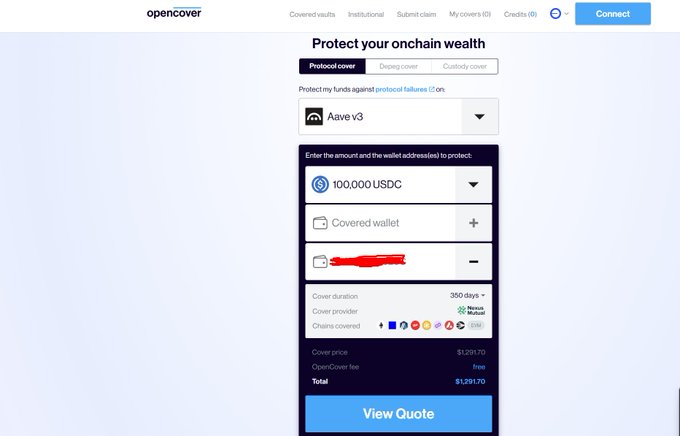 A screenshot of the 'opencover' website interface for protecting onchain wealth, currently set to 'Aave v3' with 100,000 USDC selected, showing a 350-day cover duration with Neptune Mutual, and a total cost of $1,291.70.