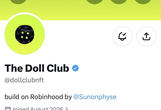 A social media profile for 'The Doll Club' (@dollclubnft), described as 'build on Robinhood by @Sunonphyse', featuring a black spherical icon with yellow dots.