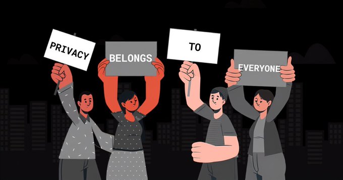 An illustration of four people holding up signs that read "PRIVACY BELONGS TO EVERYONE" against a dark cityscape background.