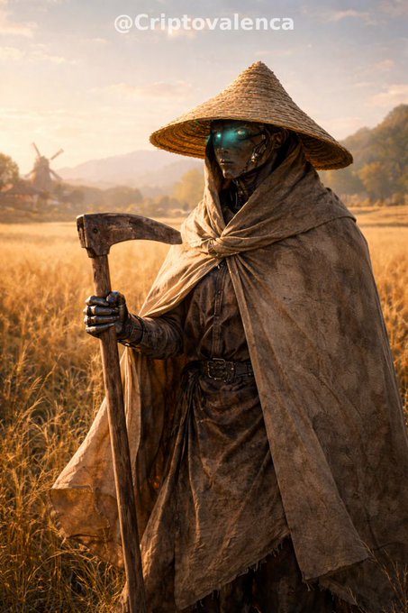 An AI-generated artwork by @Criptovalenca depicting a robot wearing a straw hat and cloak, holding a scythe in a wheat field.