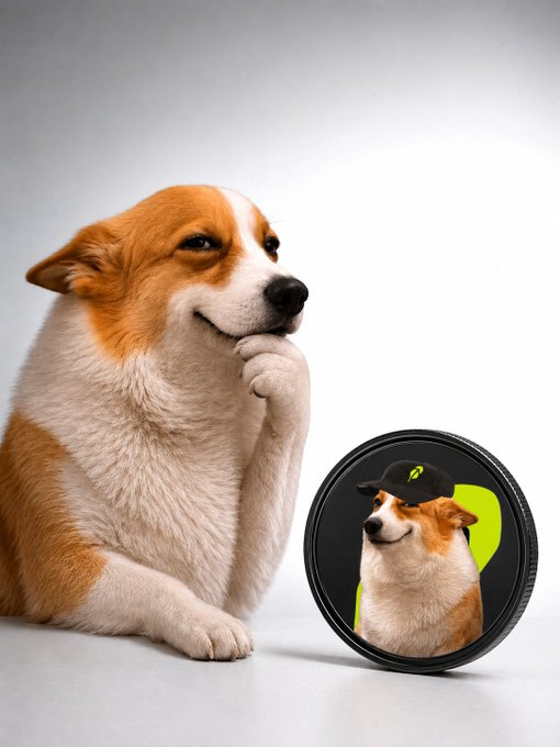 A Corgi-styled dog strikes a thoughtful pose beside a circular token featuring its own image wearing a cap with a green logo, illustrating the "Cash Dogs" staking announcement. The image directly ties to the post by visually representing the Cash Dogs project, encouraging holders to begin staking before the token launches on Stonk Launcher.