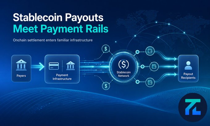 A promotional graphic titled 'Stablecoin Payouts Meet Payment Rails' illustrates a flow from Payers through Payment Infrastructure and a Stablecoin Network to Payout Recipients.