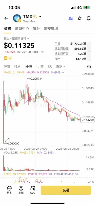 A cryptocurrency trading app screenshot showing the token TMX (TermMax) at a price of $0.11325, down 16.85%, with a bearish chart.