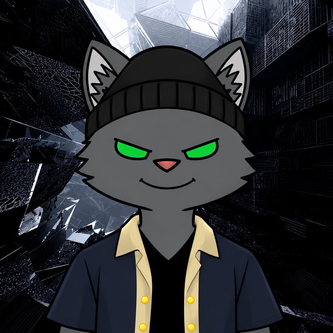 An animated gray cat character wearing a black beanie and a dark blue shirt with yellow trim poses with glowing green eyes against a dark, futuristic cityscape background.