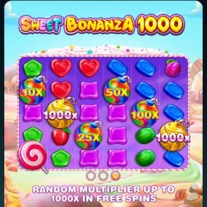 A promotional graphic for the 'Sweet Bonanza 1000' slot game featuring candy-themed symbols and multipliers up to 1000x during free spins.