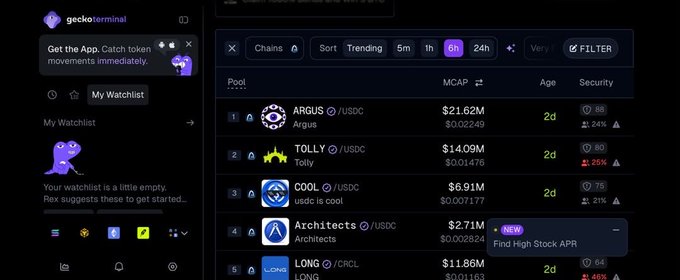 The image shows a screenshot from geckoTerminal's "New High Stock APR" watchlist featuring the top five tokens: ARGUS at $21.62M MCAP, TOLLY at $14.09M, COOL at $6.91M, Architects at $2.71M (marked as new), and LONG at $11.86M—all displaying their 2-day age and security scores. This corresponds to the post highlighting strong performance of tokens like $ARGUS, $TOLLY, and $COOL from the watchlist, with notable gains shown in their market caps (e.g., ARGUS rising from $3.07M to $21.62M and TOLLY from $1.96M to $14.09M).