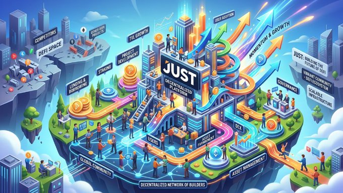 The image depicts a vibrant, futuristic cityscape illustrating the JUST decentralized platform ecosystem, with a central "JUST" hub connected to surrounding features like "TVL Growth," "Defi Space," "Staking," "Product Development," "Momentum & Growth," "Lending & Borrowing," "Governance," "Asset Management," and a "Decentralized Network of Builders" forming a "Global Community" at its foundation. It visually reinforces the post's message about JUST's thriving community by showing how engaged users, developers, and supporters collectively drive the platform's growth and innovation across multiple decentralized finance features.