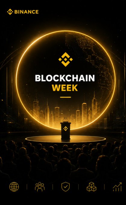A dramatic Binance Blockchain Week promotional graphic features a glowing yellow ring encircling a futuristic city skyline, with the Binance logo at the top and a speaker at a podium silhouetted against an audience below. The image's emphasis on industry collaboration and forward-thinking themes aligns with the post's suggestion to shift conversation away from prices toward meaningful topics like mainstream adoption and user security.