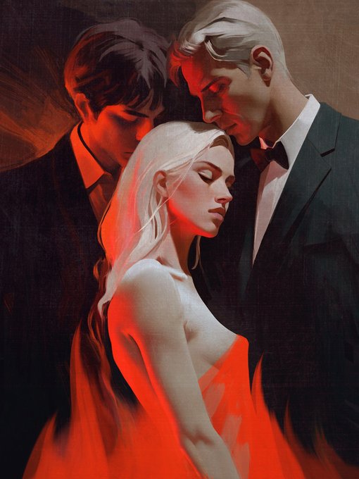 A dramatic digital painting of three figures in formal attire—a woman with long blonde hair in the foreground flanked by two men in dark suits—with warm red tones illuminating the scene.