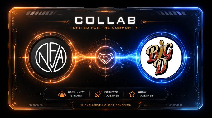 A digital graphic announcing a "COLLAB: UNITED FOR THE COMMUNITY" between two logos—"NFA" and "Big D"—with handshake iconography and the pillars "COMMUNITY STRONG," "INNOVATE TOGETHER," and "GROW TOGETHER."