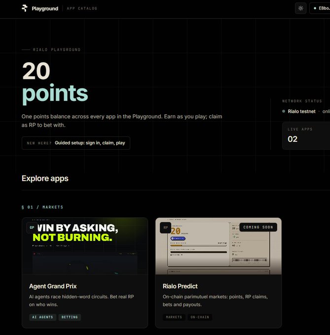The image shows the Rialo Playground interface displaying "20 points" available across apps in their points system, with the network status showing "Rialo testnet" and "02 live apps," including "Agent Grand Prix" (AI agents betting on hidden-word circuits) and a "Coming Soon" Rialo Predict app for on-chain parimutuel markets—highlighting the testnet launch and points-earning opportunities that users can access through guided setup.