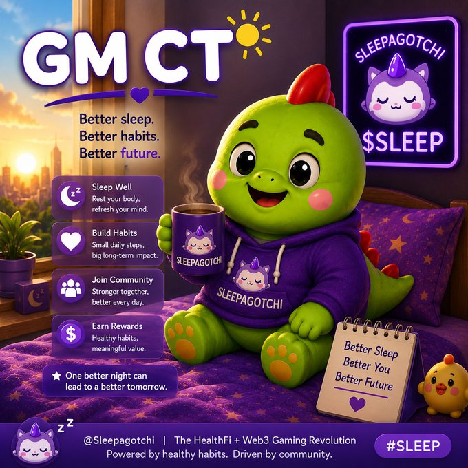 The image features a cartoon green dinosaur holding a cup of coffee while sitting on a bed with purple sheets. The text above the image reads "GM CT Better sleep better habits. Better future." This suggests that the image is promoting the idea of improving one's sleep quality and overall well-being through healthier habits, such as drinking coffee in moderation or taking breaks from screens before bedtime.