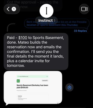 A screenshot of a chat conversation from 'Instinct' confirming a $100 payment to 'Sports Basement' with a confirmation screenshot attached.