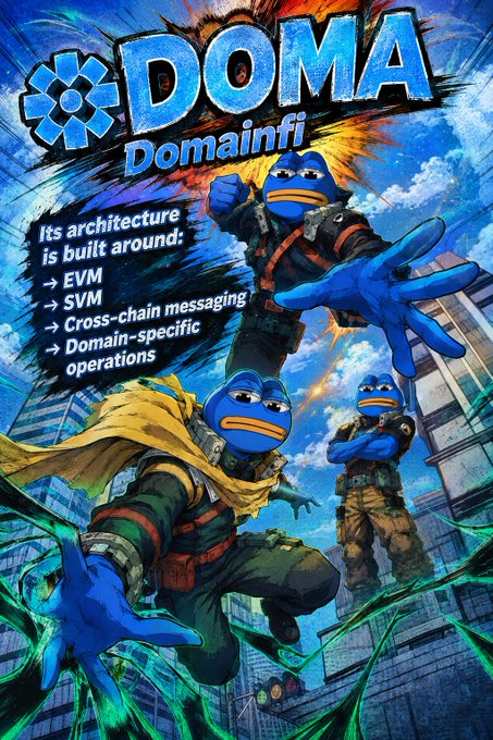 A promotional graphic for 'DOMA Domainfi' featuring blue cartoon superhero characters bursting through a cityscape, with text listing its architecture: 'EVM, SVM, Cross-chain messaging, Domain-specific operations'.