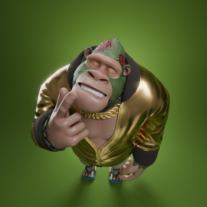 This image features a cool, stylized ape character wearing a gold bomber jacket, a thick gold chain, and a green mask with zombie-like patches on its head. The ape is in a playful pose, suggesting the "@GeezOnApe" project mentioned in the post.