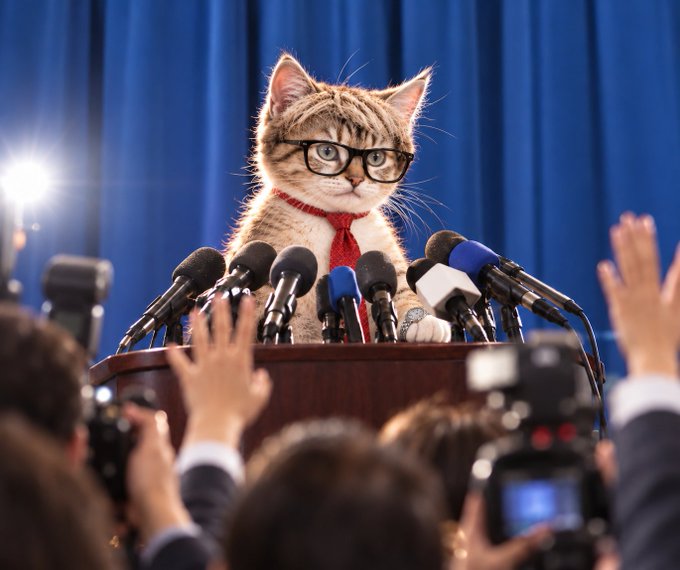 An AI-generated image shows a tabby cat wearing glasses and a red tie, standing behind a podium surrounded by microphones and reporters' raised hands.