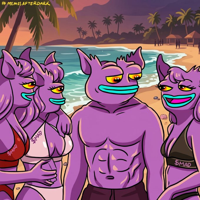 Three muscular purple anthropomorphic creatures with wide grins pose confidently on a tropical beach at sunset, with the text "#memesafterdark" in the top left corner and "$MAD" visible on their clothing, humorously illustrating "mogging" (showing off one's physique) in Ibiza in the style of the MAD memecoin.